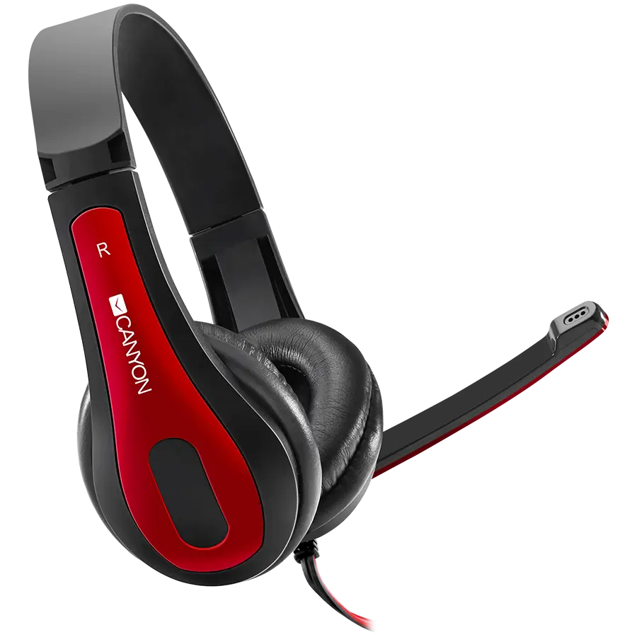 CANYON HSC-1, basic PC headset with microphone, combined 3.5mm plug, leather pads, Flat cable length 2.0m, 160*60*160mm, 0.13kg, Black-red