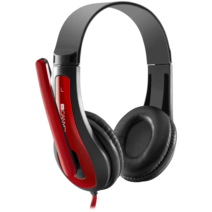 CANYON HSC-1, basic PC headset with microphone, combined 3.5mm plug, leather pads, Flat cable length 2.0m, 160*60*160mm, 0.13kg, Black-red