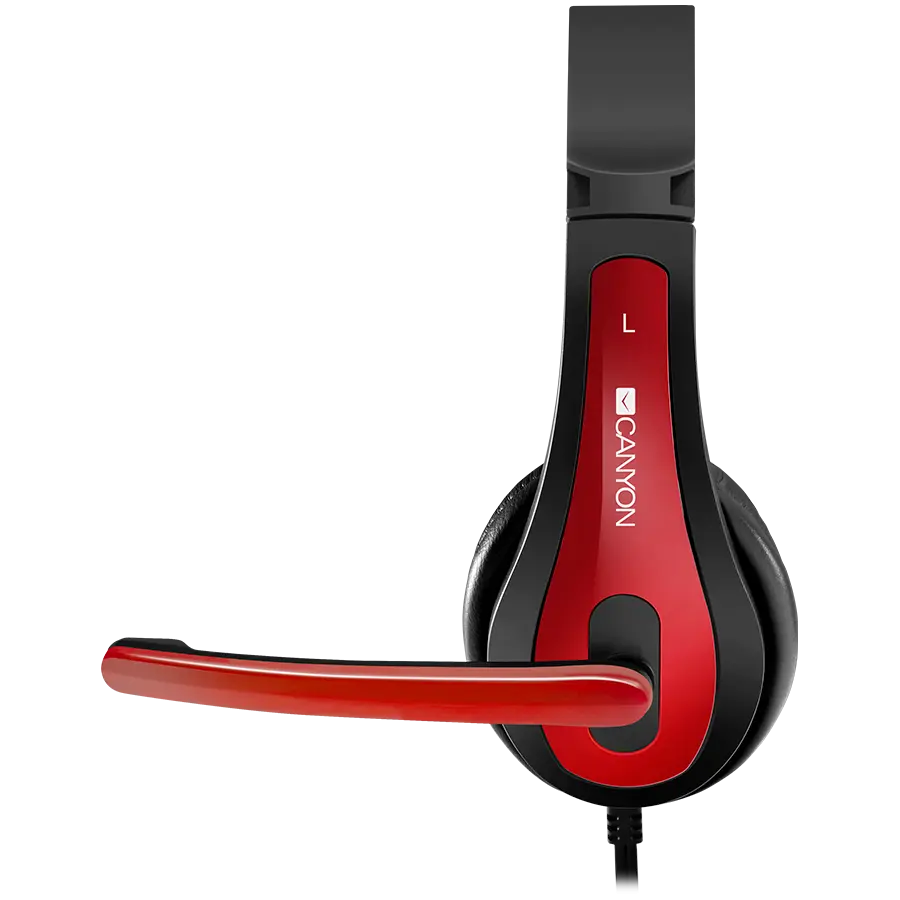 CANYON HSC-1, basic PC headset with microphone, combined 3.5mm plug, leather pads, Flat cable length 2.0m, 160*60*160mm, 0.13kg, Black-red