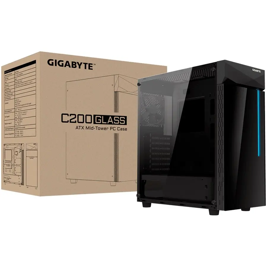 Chassis Gigabyte C200 GLASS Midi Tower, ATX, 2xUSB3.0, RGB, Full-Size Black Tempered Glass Side Panel, Liquid Cooling Compatible, Dust Filter, 1x120mm Fan