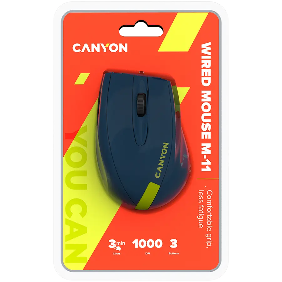 CANYON Wired Optical Mouse with 3 keys, DPI 1000 With 1.5M USB cable,Blue-Yellow,size 68*110*38mm,weight:0.072kg