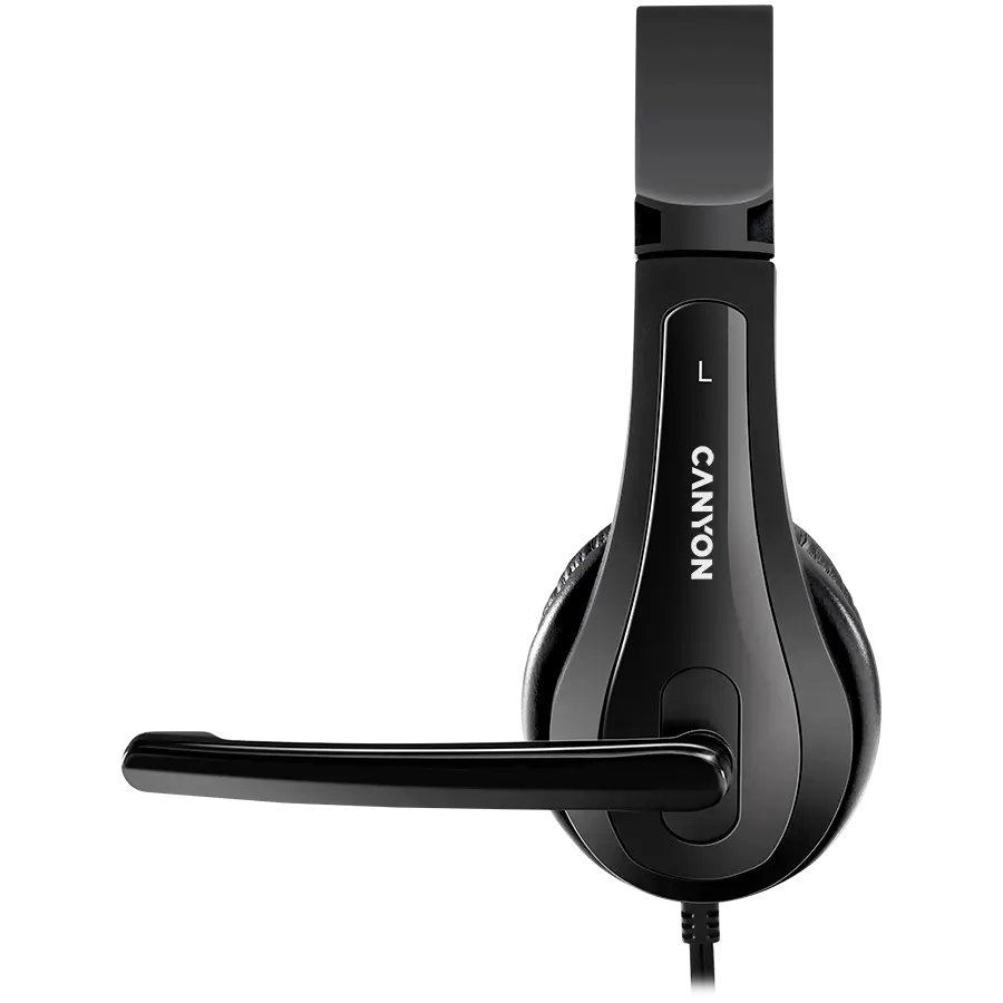 CANYON CHSU-1, basic PC headset with microphone, USB plug, leather pads, Flat cable length 2.0m, 160*60*160mm, 0.13kg, Black;