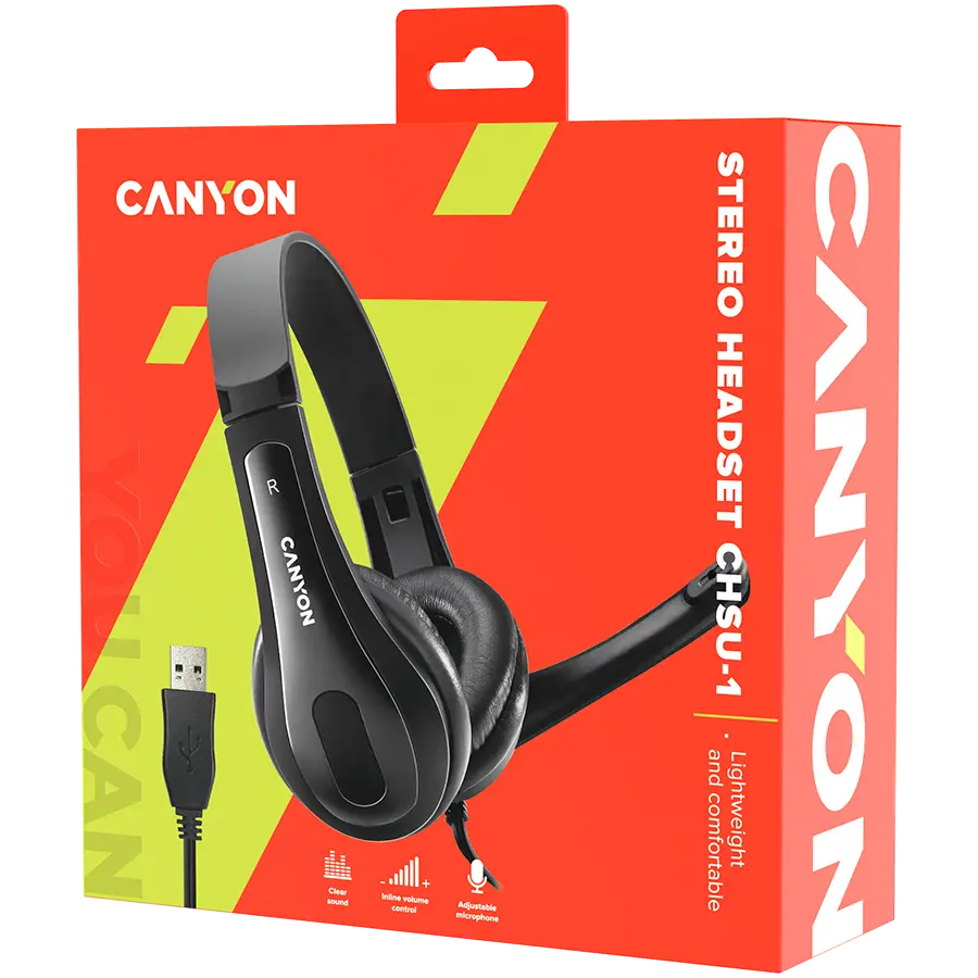 CANYON CHSU-1, basic PC headset with microphone, USB plug, leather pads, Flat cable length 2.0m, 160*60*160mm, 0.13kg, Black;