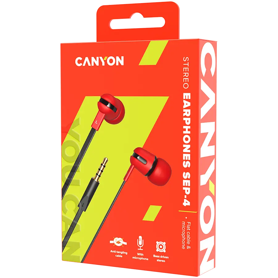 CANYON SEP-4 Stereo earphone with microphone, 1.2m flat cable, Red, 22*12*12mm, 0.013kg