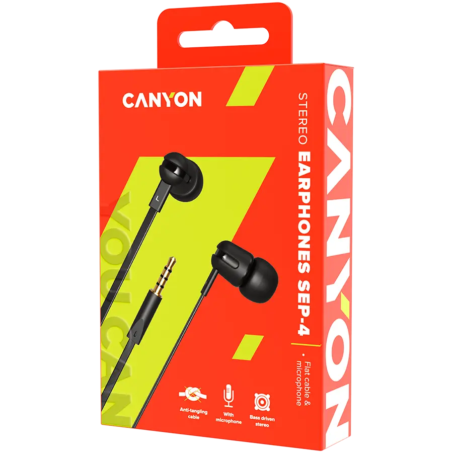 CANYON SEP-4 Stereo earphone with microphone, 1.2m flat cable, Black, 22*12*12mm, 0.013kg