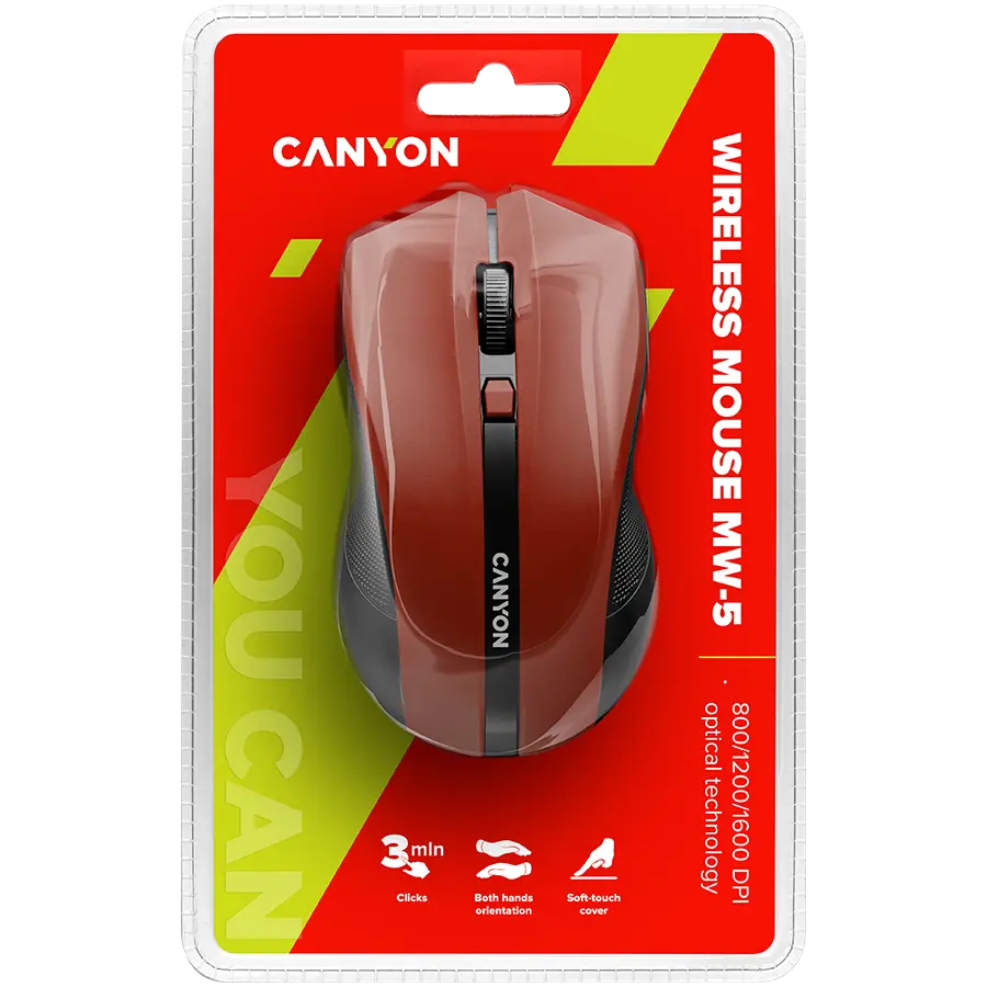 CANYON MW-5 2.4GHz wireless Optical Mouse with 4 buttons, DPI 800/1200/1600, Red, 122*69*40mm, 0.067kg