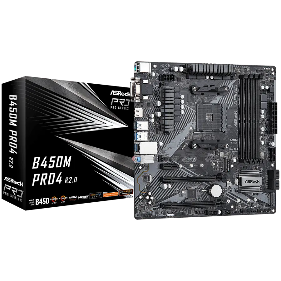 ASROCK Main Board Desktop B450M PRO4 (AM4, 4xDDR4, 1x PCIe 3.0 x16, 1x PCIe 2.0 x16, 1x PCIe 2.0 x1, 4x SATA III, RAID 0,1,10, 1x Ultra M.2 PCIe Gen3 x4, 1x M.2 SATA3, 1x COM Port header, 8x USB 3.0, GLAN, VGA, HDMI, DVI) mATX, Retail B450M PRO4 R2.0