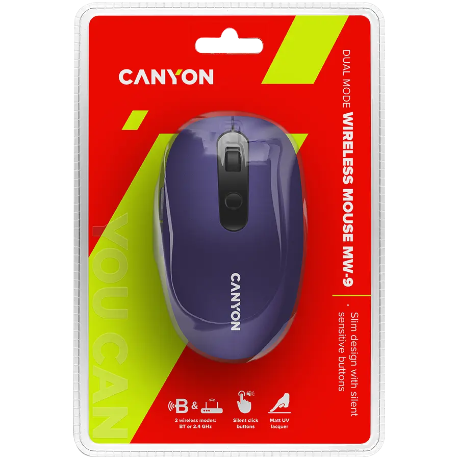 CANYON MW-9, 2 in 1 Wireless optical mouse with 6 buttons, DPI 800/1000/1200/1500, 2 mode(BT/ 2.4GHz), Battery AA*1pcs, Violet, silent switch for right/left keys, 65.4*112.25*32.3mm, 0.092kg