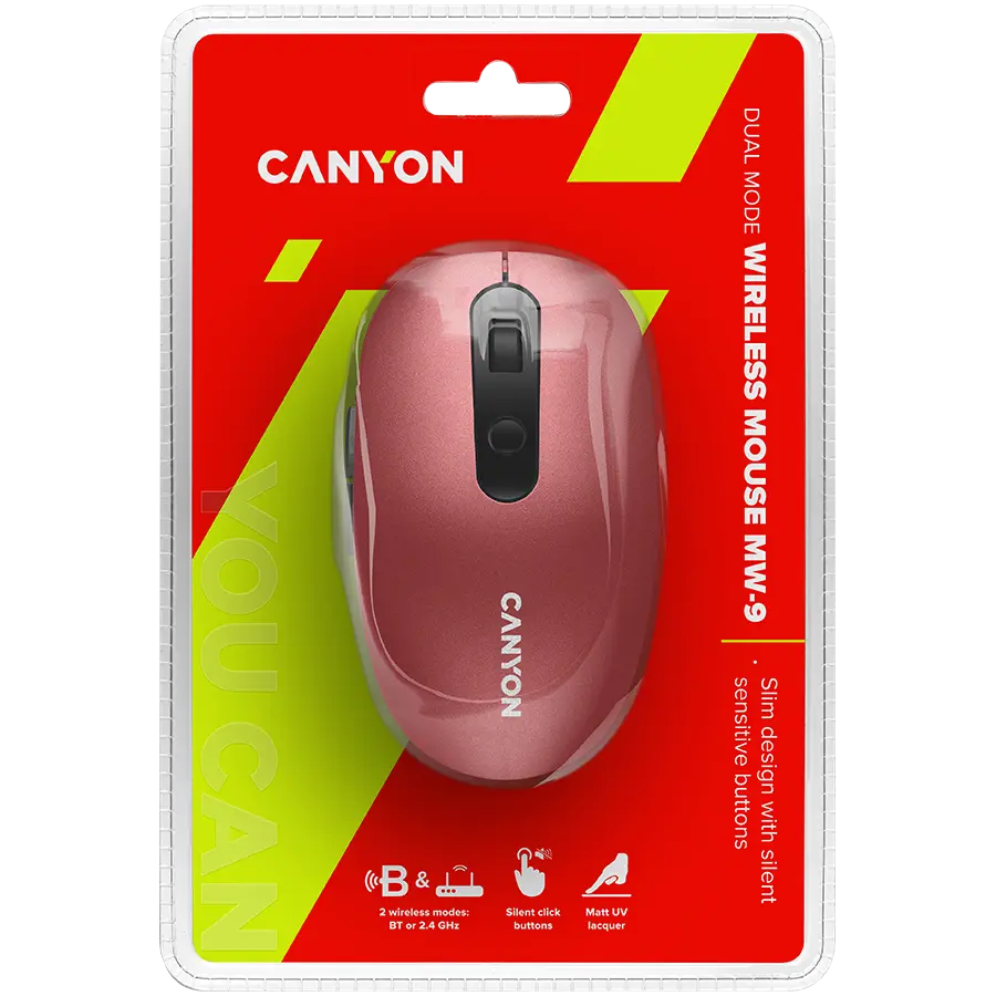 CANYON MW-9, 2 in 1 Wireless optical mouse with 6 buttons, DPI 800/1000/1200/1500, 2 mode(BT/ 2.4GHz), Battery AA*1pcs, Red, silent switch for right/left keys, 65.4*112.25*32.3mm, 0.092kg