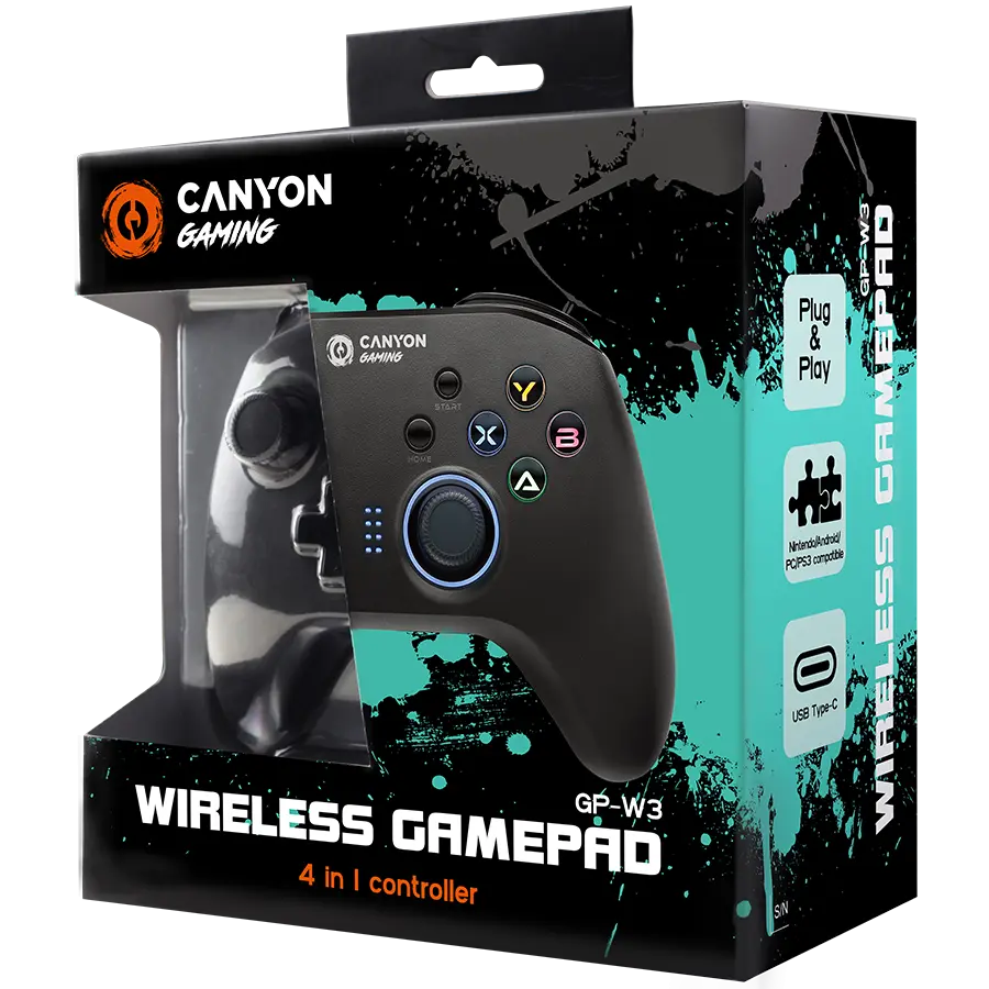 CANYON GP-W3, 2.4G Wireless Controller with built-in 600mah battery, 1M Type-C charging cable ,6 axis motion sensor support nintendo switch ,android,PC X-input/D-input,ps3,normal size dongle,black