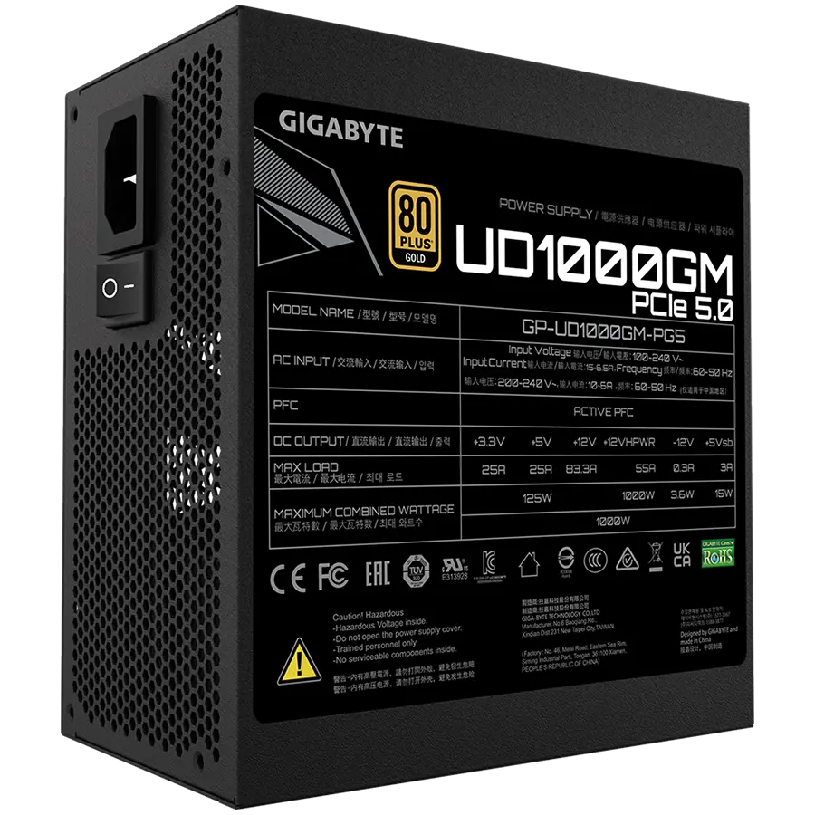 Gigabyte UD1000GM Power Supply 1000W, PCIe Gen5 16Pin x 1 600W, Modular, 80 PLUS Gold, Japanese capacitors, 120mm smart control fan, EU plug