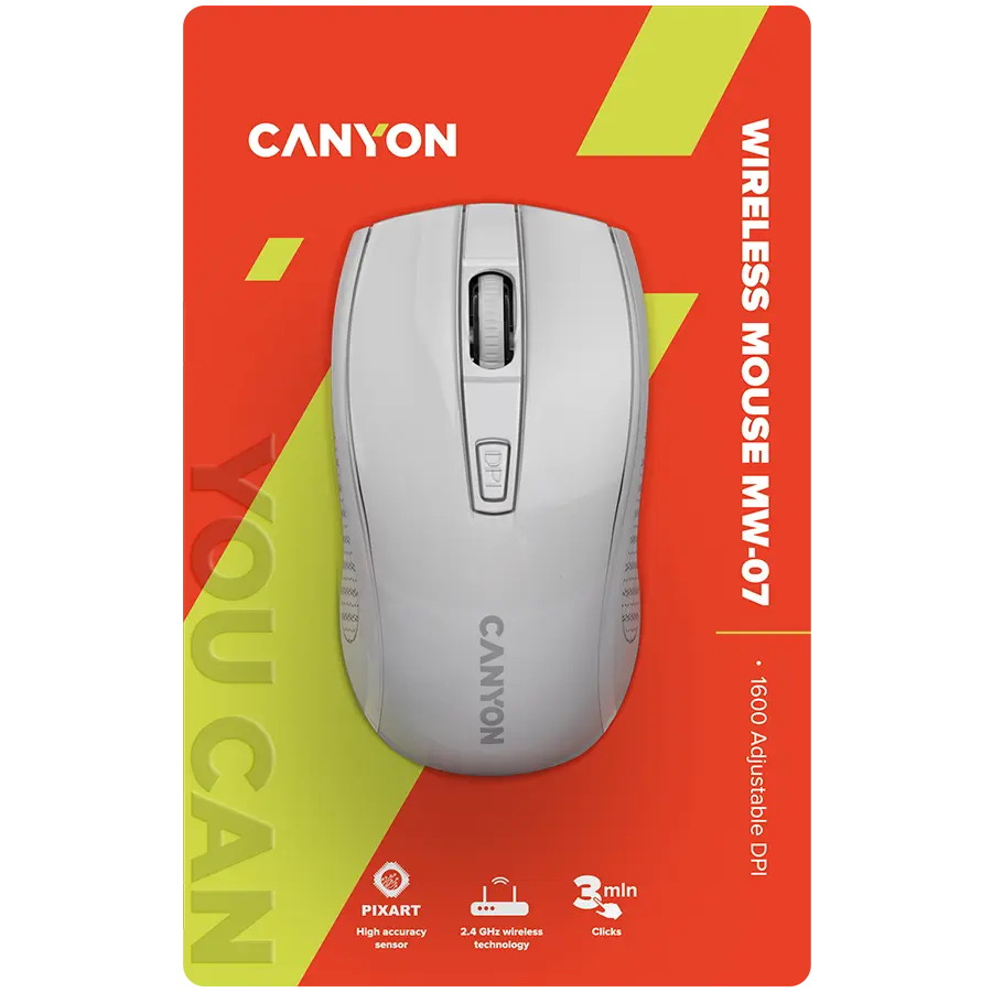 CANYON MW-7, 2.4Ghz wireless mouse, 6 buttons, DPI 800/1200/1600, with 1 AA battery ,size 110*60*37mm,58g,white