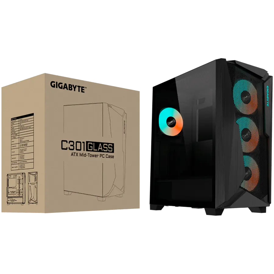 Gigabyte C301 GLASS Midi Tower, E-ATX, USB 3.1 Gen2 Type-C x1, USB 3.0 x2, Audio In & Out, LED Switch, 4x 120mm ARGB fans, Tempered Glass, Black