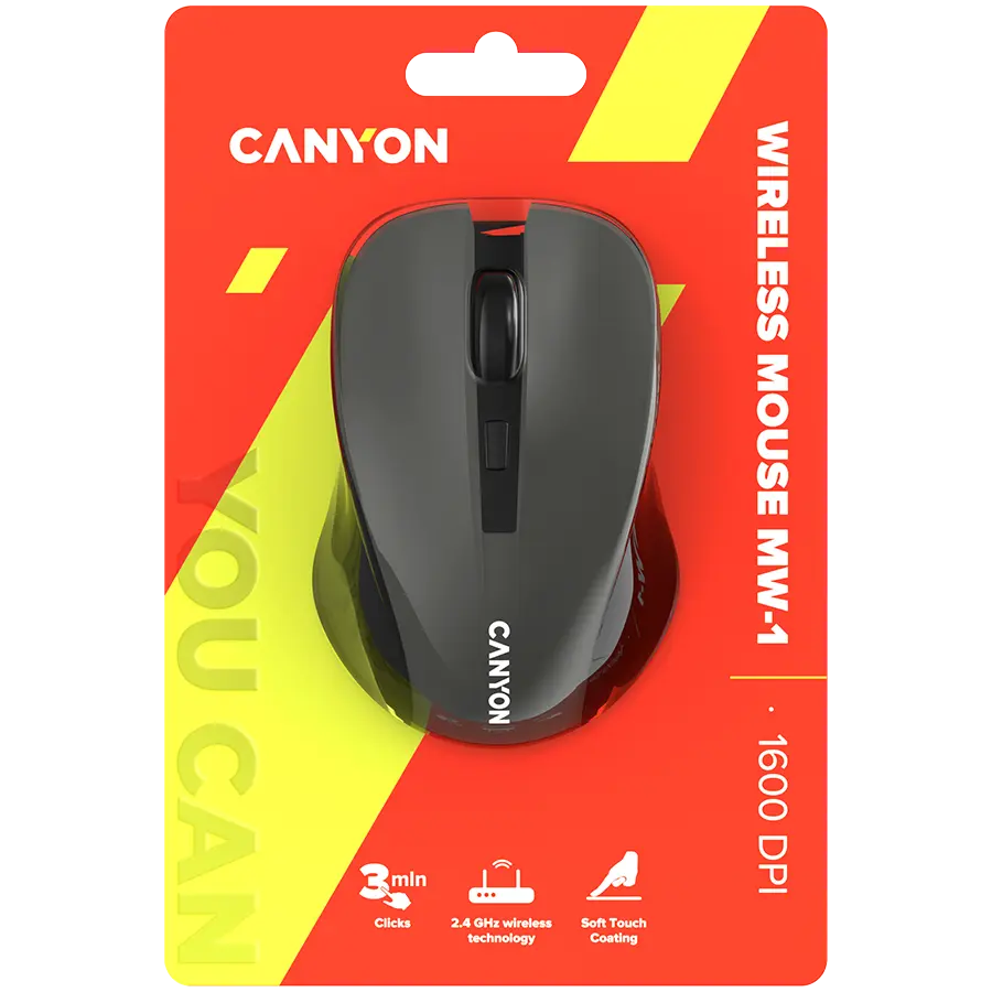 CANYON MW-1 2.4GHz wireless optical mouse with 4 buttons, DPI 800/1200/1600, Gray, 103.5*69.5*35mm, 0.06kg