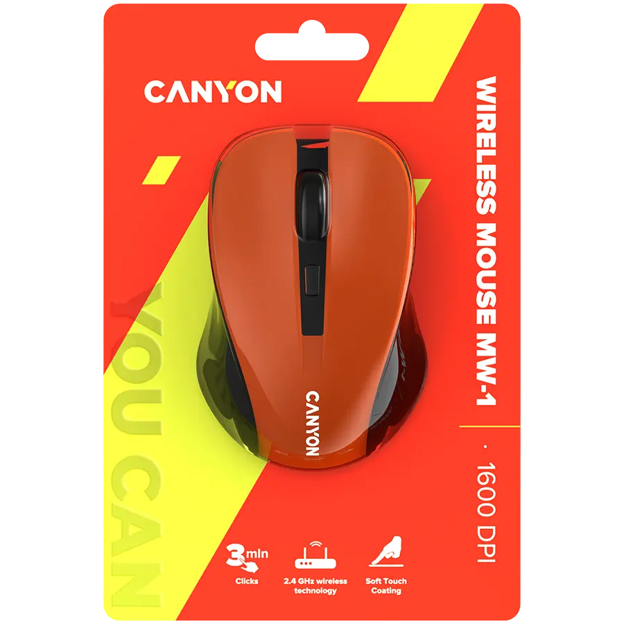 CANYON MW-1 2.4GHz wireless optical mouse with 4 buttons, DPI 800/1200/1600, Orange, 103.5*69.5*35mm, 0.06kg