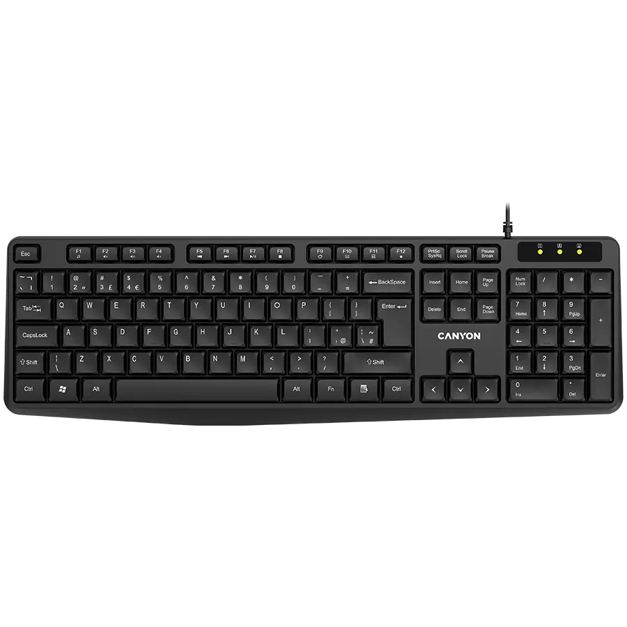 CANYON KB-1, Wired Keyboard, 104 keys, USB2.0, Black, cable length 1.5m, 443*145*24mm, 0.37kg, Adriatic