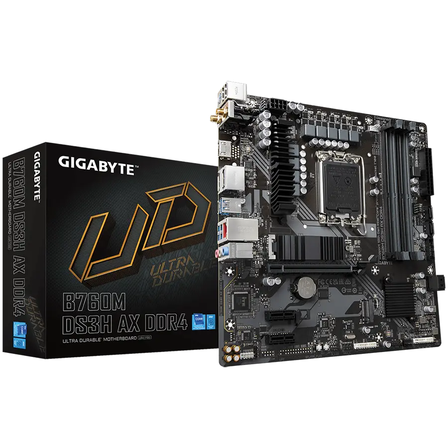 GIGABYTE Mainboard Desktop B760M DS3H AX DDR4 (LGA1700, 4x DDR4, 1xD-Sub, 1xHDMI, 2xDP, 2.5GLAN, Wi-Fi 6E 802.11ax, 1x PCI Express x16 4.0, 2x PCI Express x1 3.0, 2xM.2, 4xSATA3, 1x USB Type-C, 5x USB 3.2 Gen1, 6x USB 2.0/1.1) mATX B760M DS3H AX DDR4