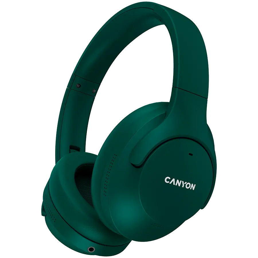 CANYON OnRiff 10, Canyon Bluetooth headset,with microphone,with Active Noise Cancellation function, BT V5.3 AC7006, battery 300mAh, Type-C charging plug, PU material, size:175*200*84mm, charging cable 80cm and audio cable 150cm, Green, weight:253g