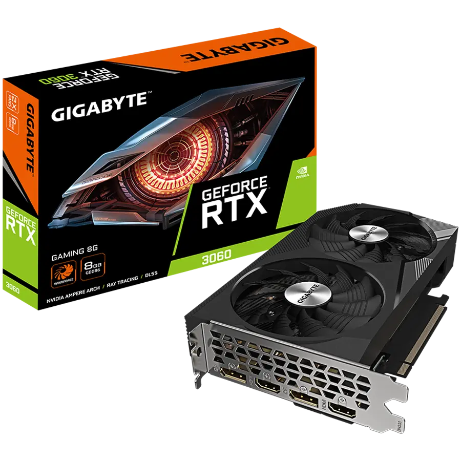 GIGABYTE Video Card NVIDIA GeForce RTX™ 3060 OC 1777 MHz 3584 15000 MHz 8 GB GDDR6 128 bit 240 GB/s PCI-E 4.0 7680x4320 550W DisplayPort 1.4a *2 HDMI 2.1 *2