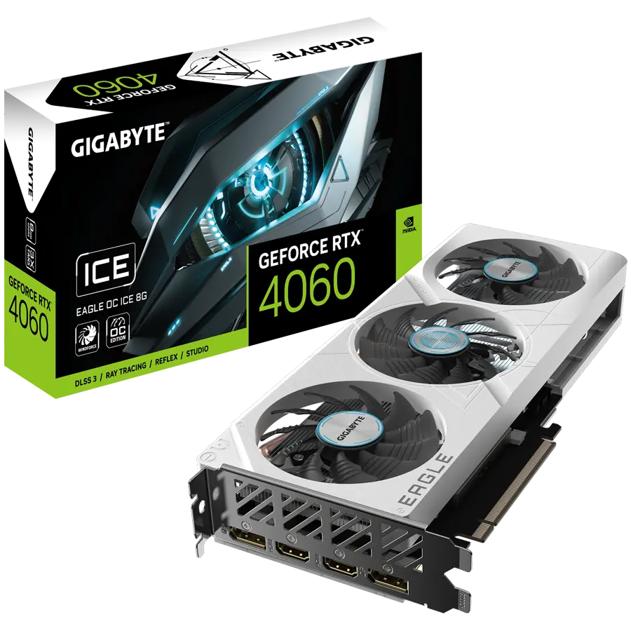 GIGABYTE Video Card NVIDIA GeForce RTX 4060 EAGLE OC ICE 8G, GDDR6 8GB/128bit, PCI-E 4.0 x8, 1x8-pin, Retail GV-N4060EAGLEOC ICE-8GD