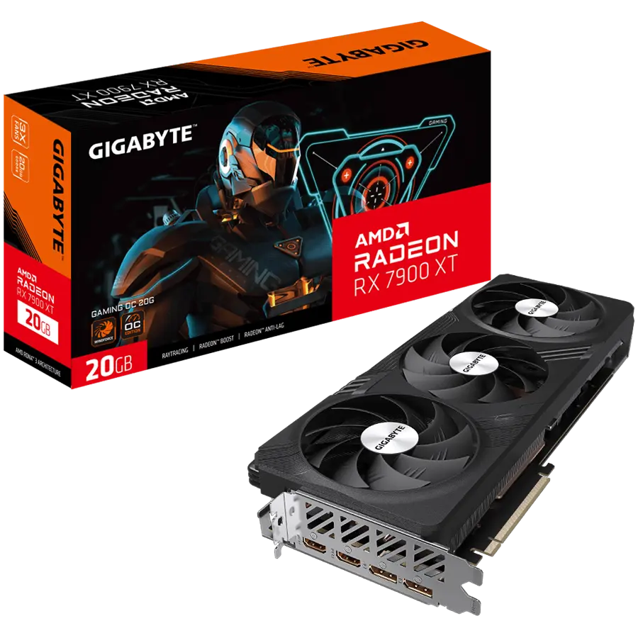 GIGABYTE Video Card AMD Radeon™ RX 7900 XT Boost Clock* : up to 2395 MHz Game Clock* : up to 2025 MHz 5376 20 Gbps 20 GB GDDR6 320 bit PCI-E 4.0 7680x4320 ATX 800W DisplayPort 2.1 *2 HDMI 2.1 *2 GV-R79XTGAMING-20GD