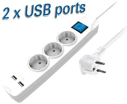 Transmedia 3-way power strip with two USB charging ports, 1,5m white