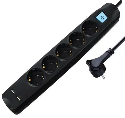 Transmedia 5-way power strip with 2x USB, black, 1,5m